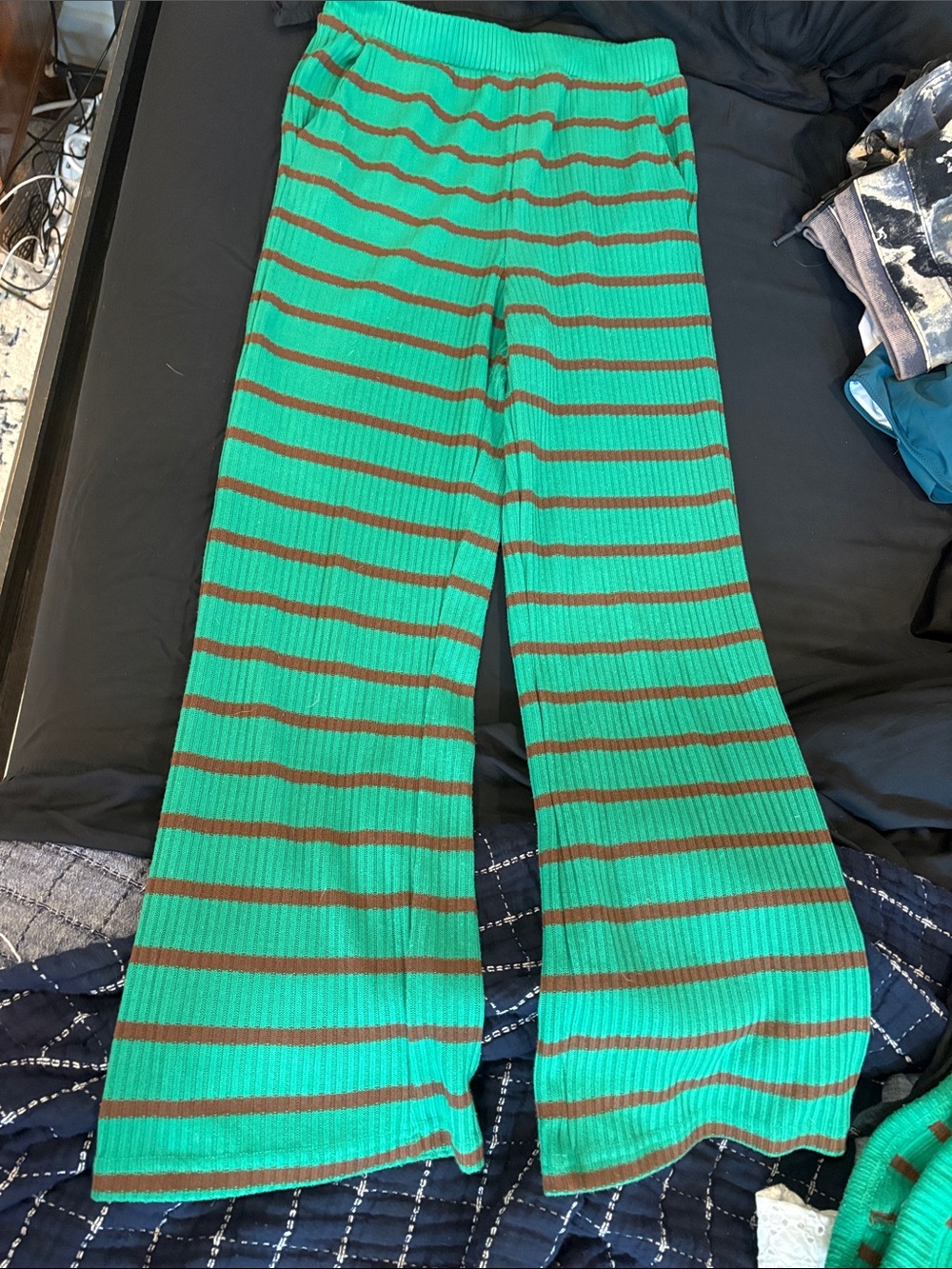 Striped Ribbed Boot-Cut Pants in Green and Brown